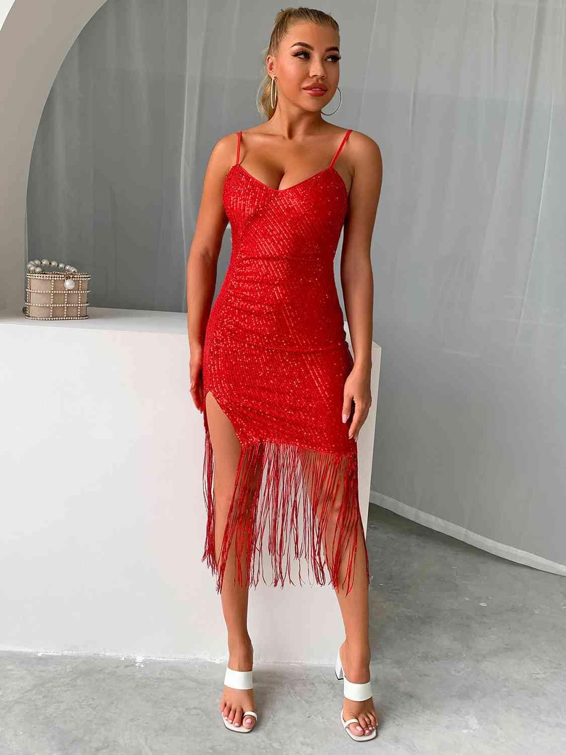 Sequin Fringe Spaghetti Strap Dress Product Image