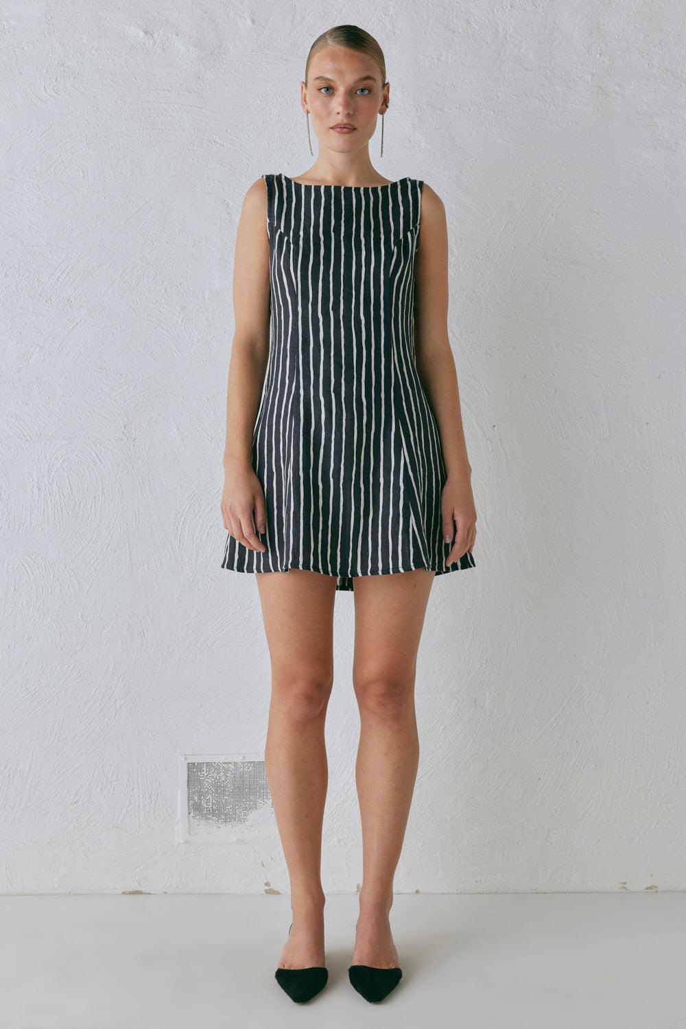 Chloe Linen Mini Dress Black Stripe Product Image