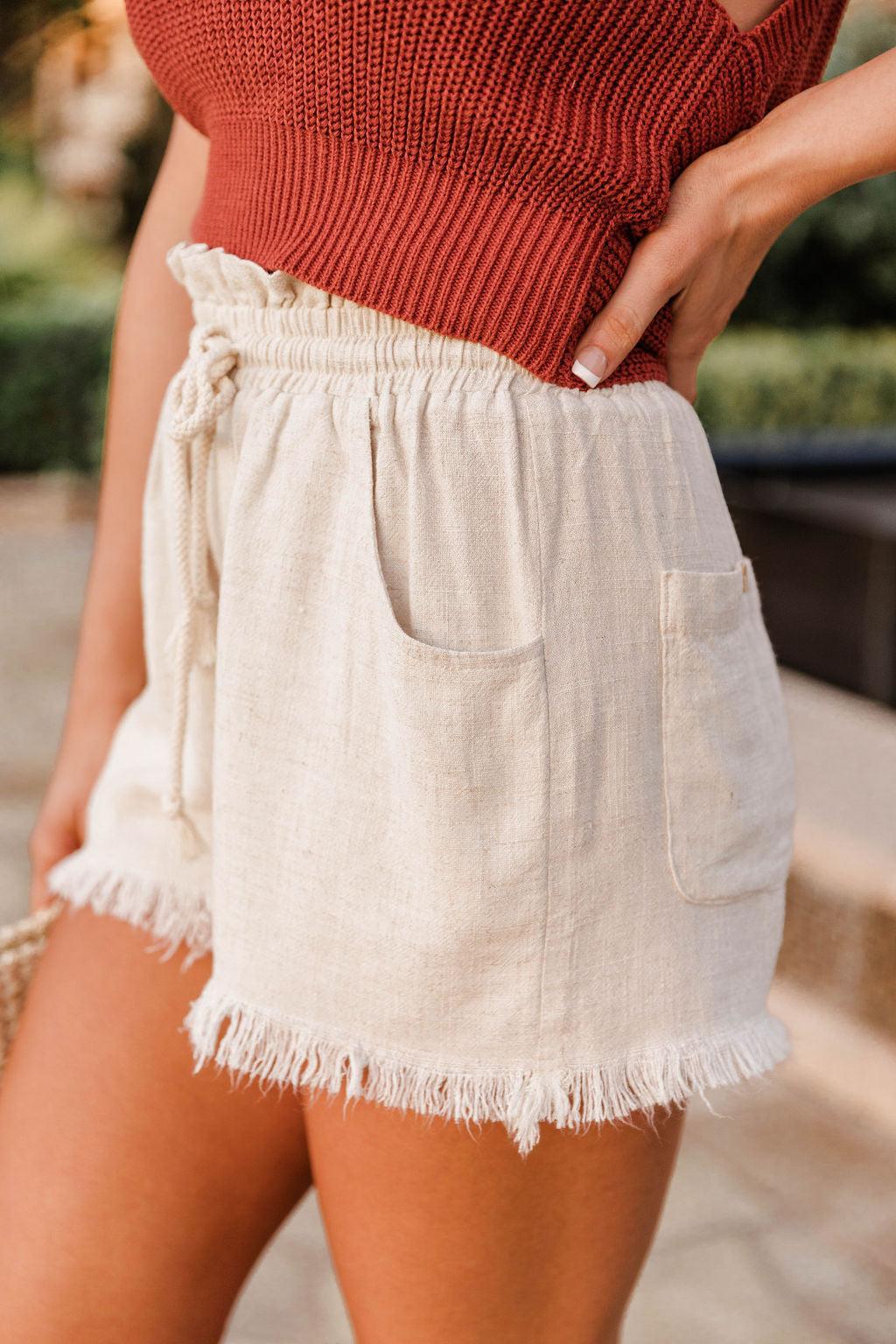 On Speed Dial Beige Fringe Hem Drawstring Shorts FINAL SALE Product Image