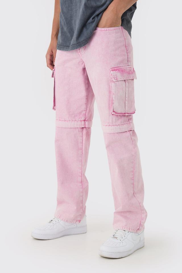 Relaxed Acid Wash Zip Off Twill Cargo Pants | boohooMAN USA Product Image