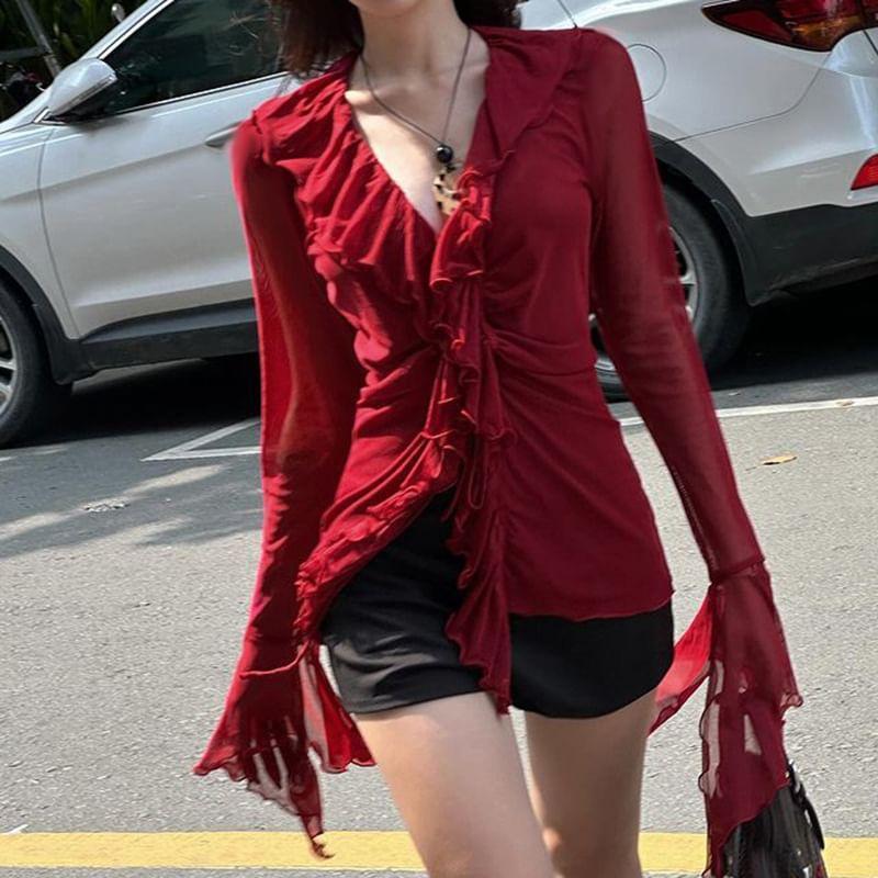 Long-Sleeve Ruffle Trim Mesh Slim Fit Top Product Image