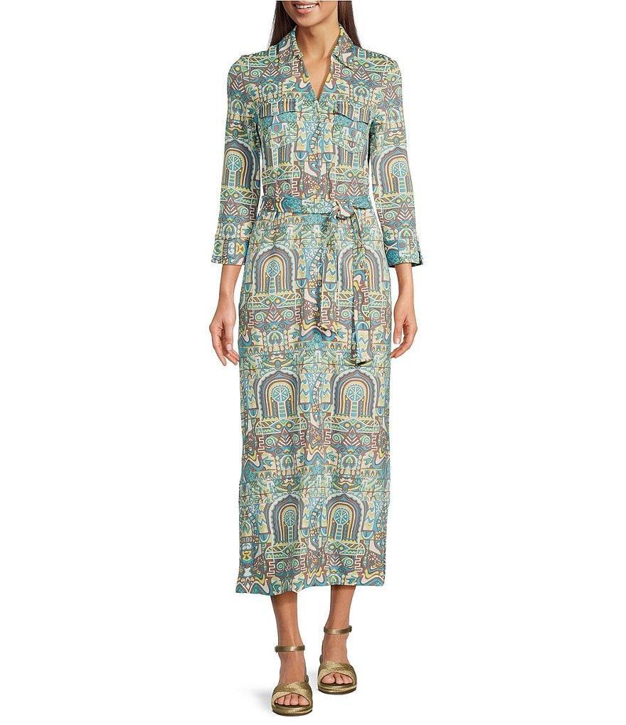 J.McLaughlin Brynn Printed Lyford Jersey Point Collar 3/4 Sleeves Button Front Maxi Shirt Dress Product Image