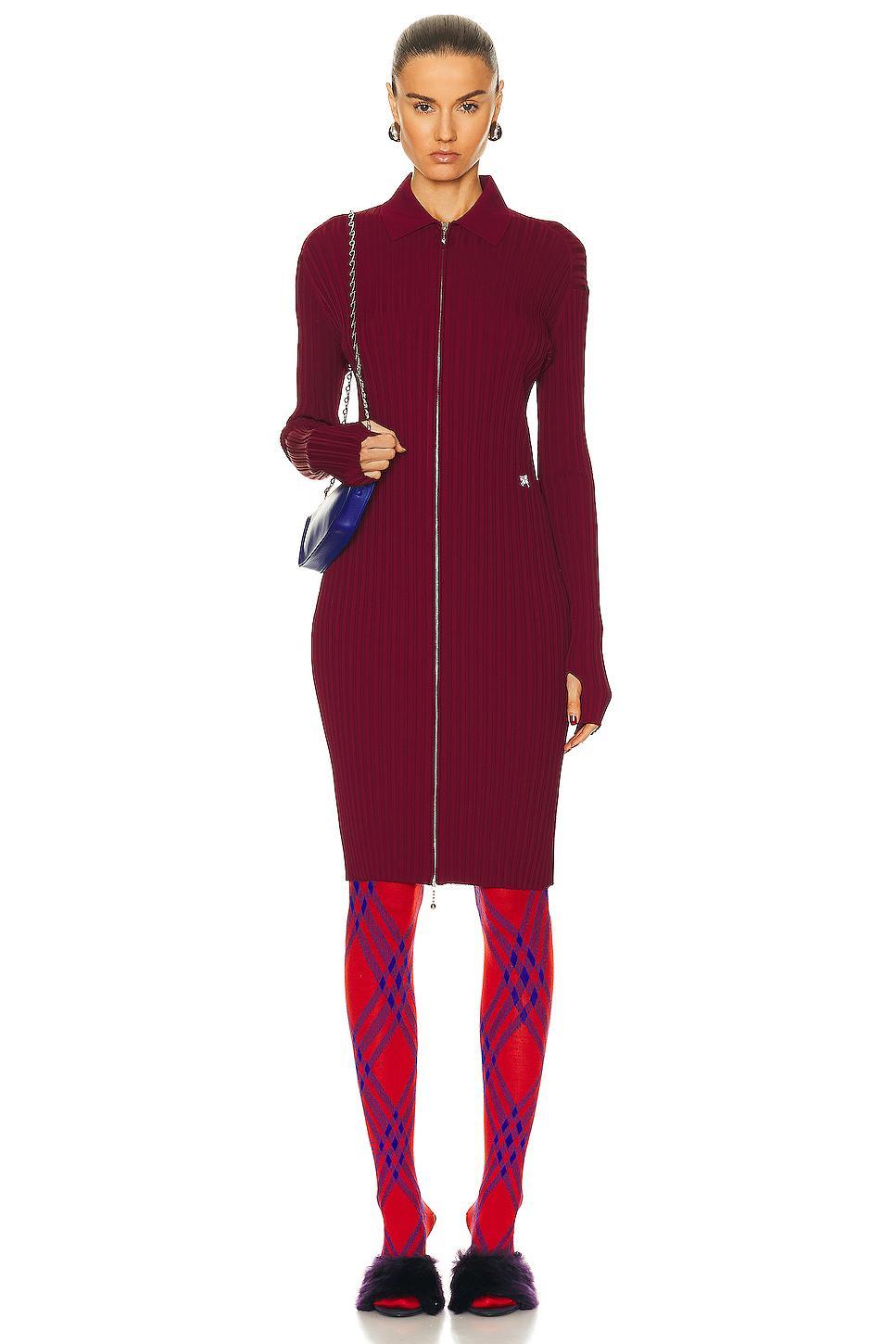 Burberry Ribbed Long Sleeve Dress in Ripple - Burgundy. Size XS (also in L, M, S). Product Image