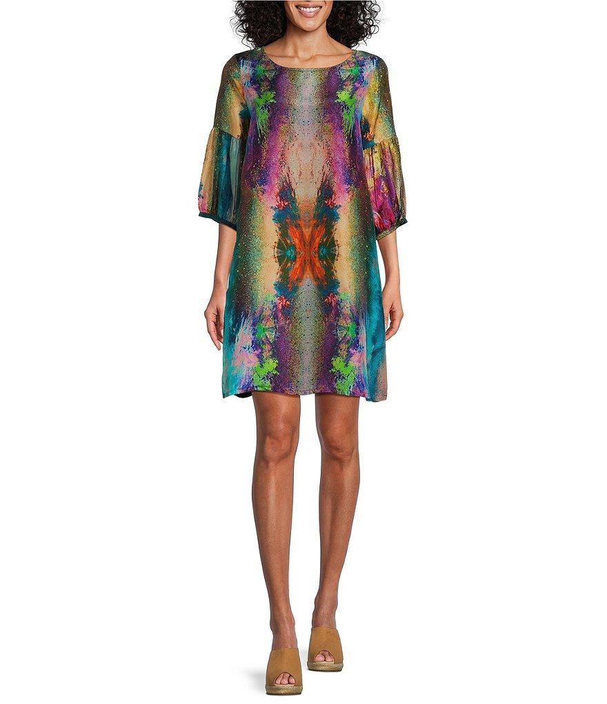 Bryn Walker Lantern Silk Nebulosa Abstarct Print Round Neck 3/4 Pleated Balloon Sleeve Shift Dress product image