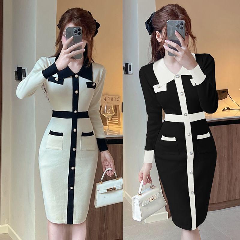 Long-Sleeve Collared Two Tone Knit Midi Sheath Dress Product Image