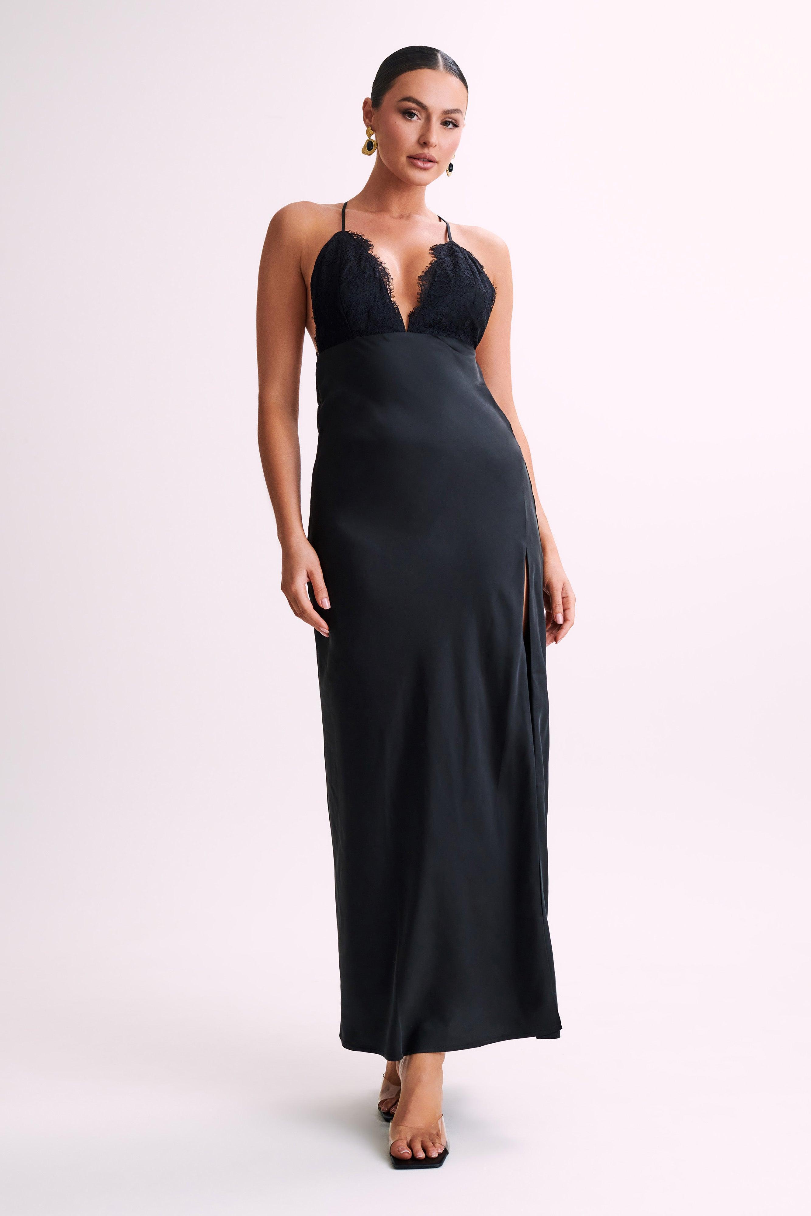 Gina Satin Slip Maxi Dress With Lace - Black Product Image