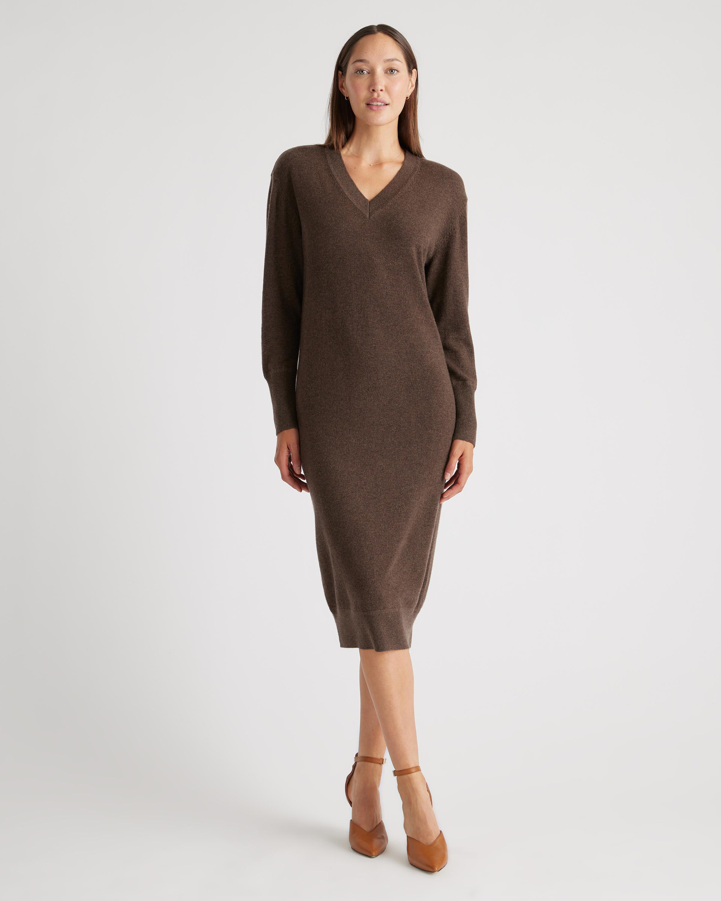 Womens Mongolian Cashmere V-Neck Midi Sweater Dress in Brown, Size Small by Quince Product Image