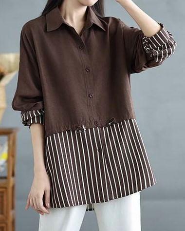 Long-Sleeve Striped Panel Drawstring Waist Button-Up Tunic Shirt Product Image