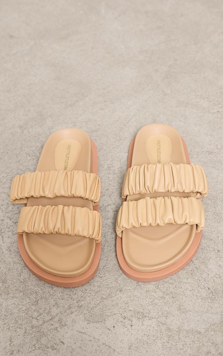 Cream Real Leather Round Toe Ruched Detail Strap Footbed Sandals Product Image