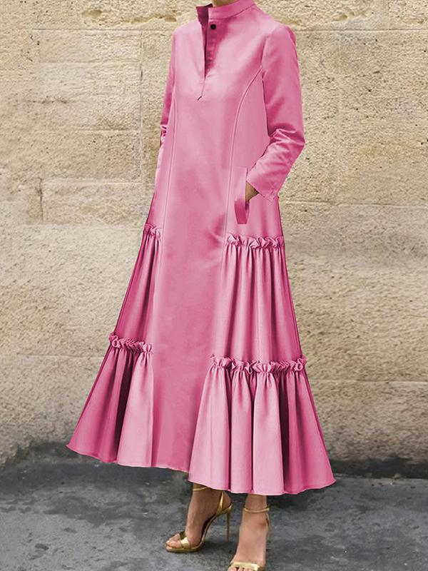 A-Line Long Sleeves Buttoned Layered Pleated Pockets Ruffled Solid Color Split-Joint Stand Collar Maxi Dresses Product Image