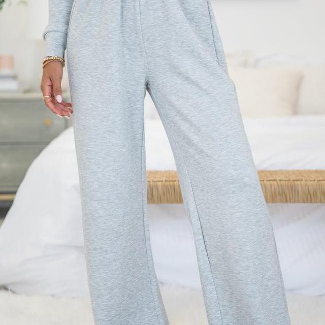 Let's Just Stay Heather Grey Knit Wide Leg Pants Product Image