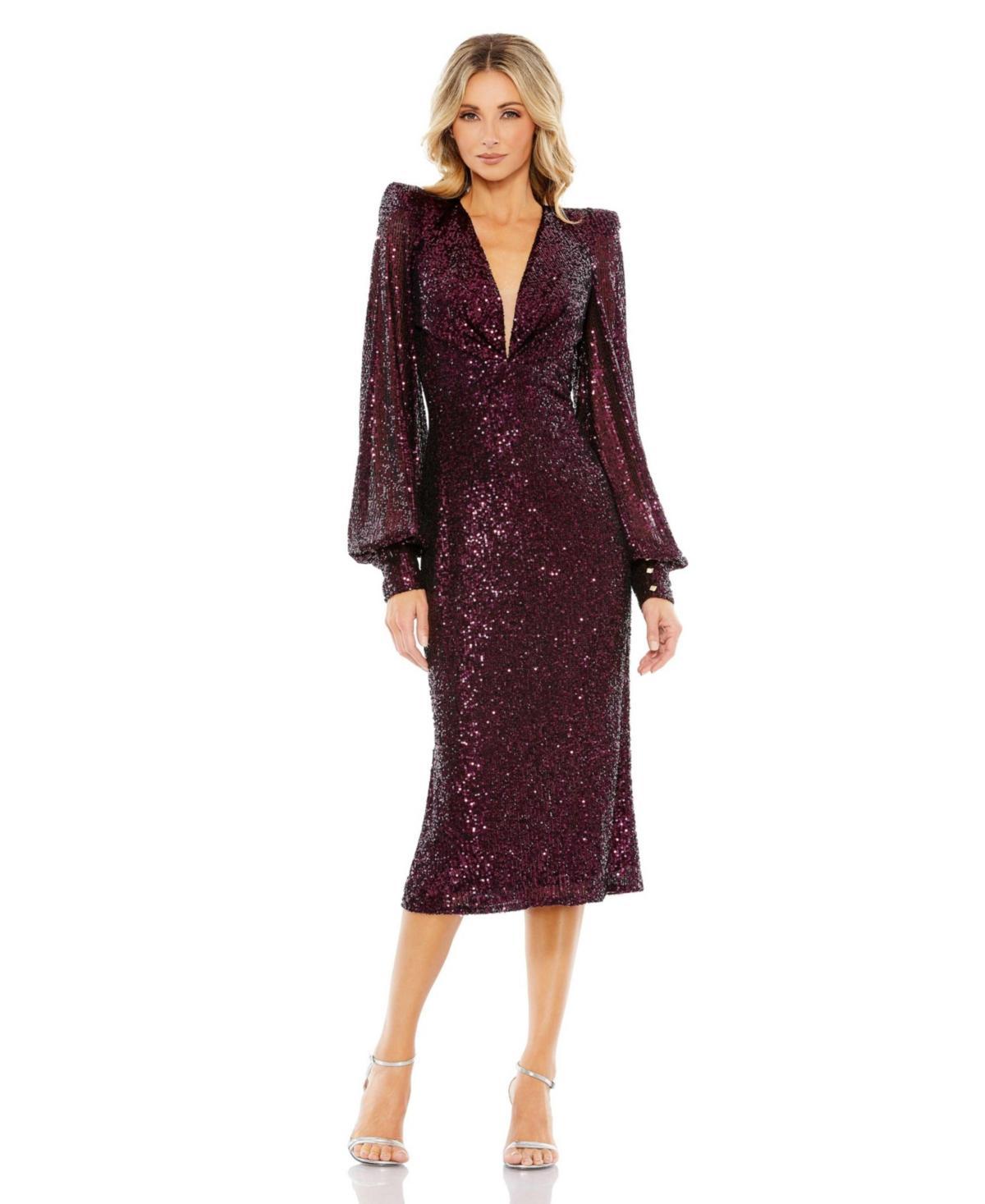 Mac Duggal Sequin Puff Sleeve Midi Dress Product Image