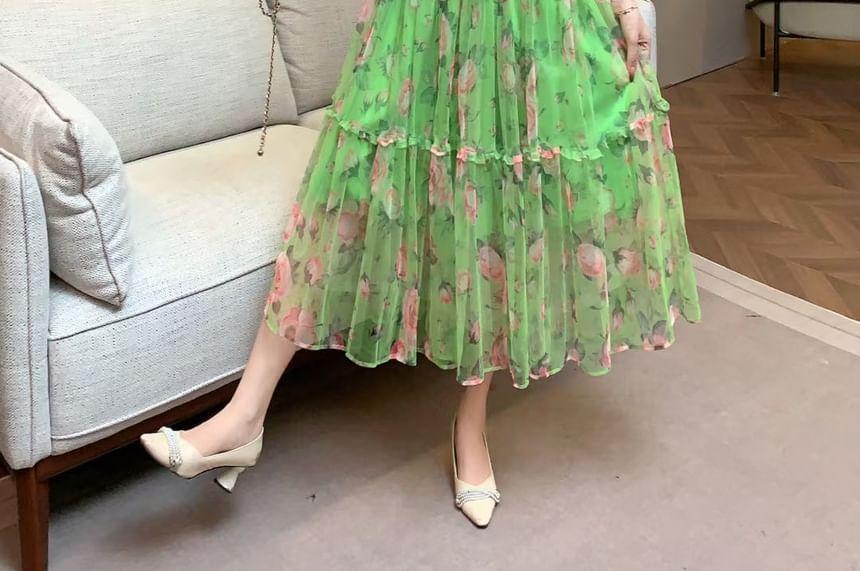 Puff-Sleeve Floral Ruffle Midi A-Line Dress Product Image