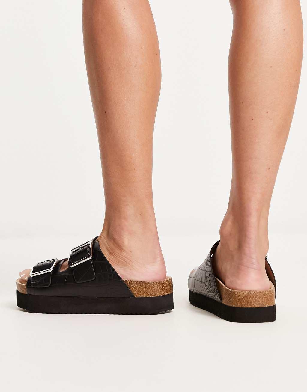 Monki double strap flat croc sandals in black Product Image