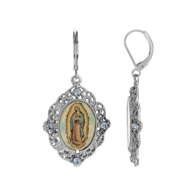 Symbols of Faith Silver Tone Our Lady Of Guadalupe Drop Earrings, Womens, Blue Product Image