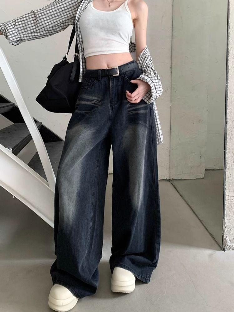 High Waist Washed Loose-Fit Wide-Leg Jeans Product Image