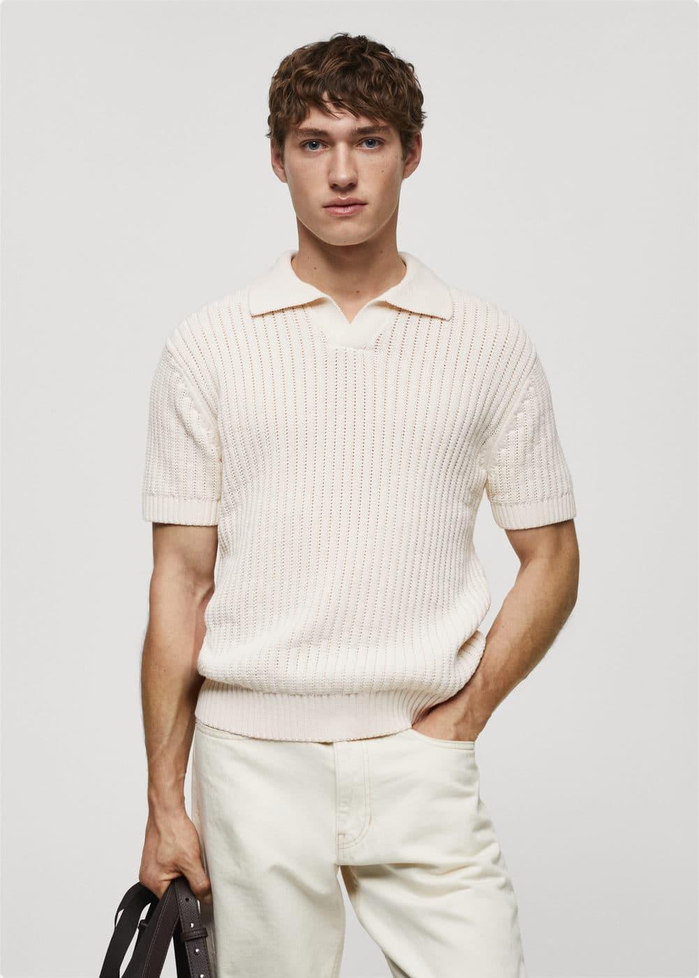 MANGO MAN - Openwork cotton knitte polo shirt off whiteMen Product Image