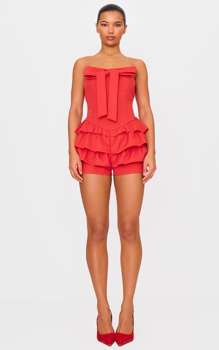 Red Bandeau Bow Detail Bloomer Skort Romper Product Image