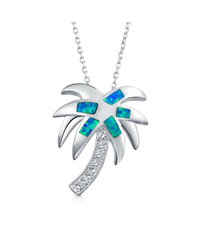 Bling Jewelry Nautical Tropical Beach Blue Inlayed Created Opal Palm Tree Pendant Necklace For Women .925 Sterling Silver Product Image