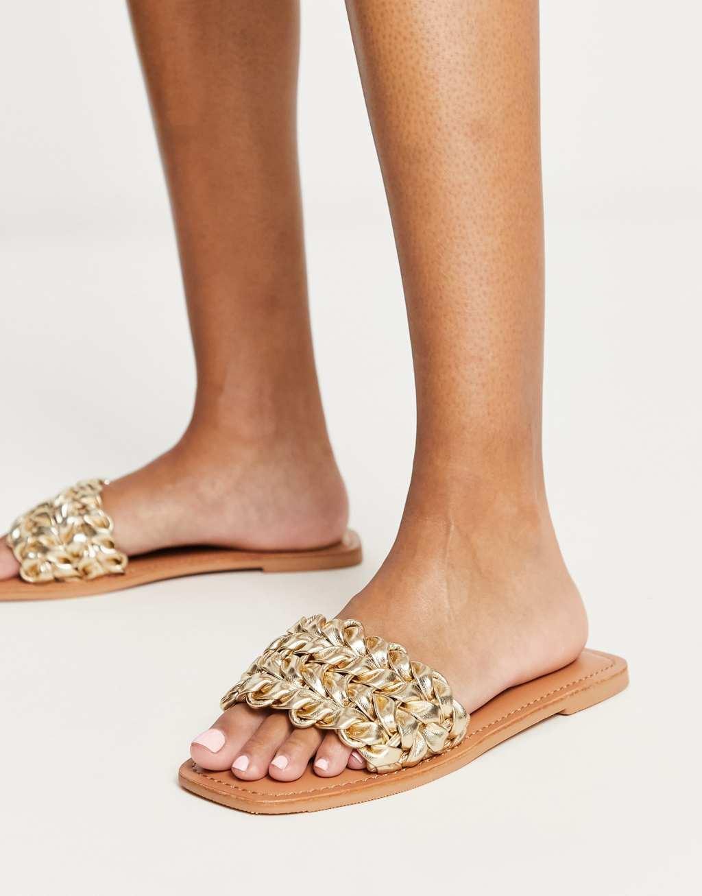 ASOS DESIGN Flora woven flat sandals in gold Product Image