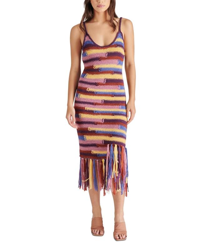 Steve Madden Womens Raya Striped Crochet Fringe-Hem Dress Product Image