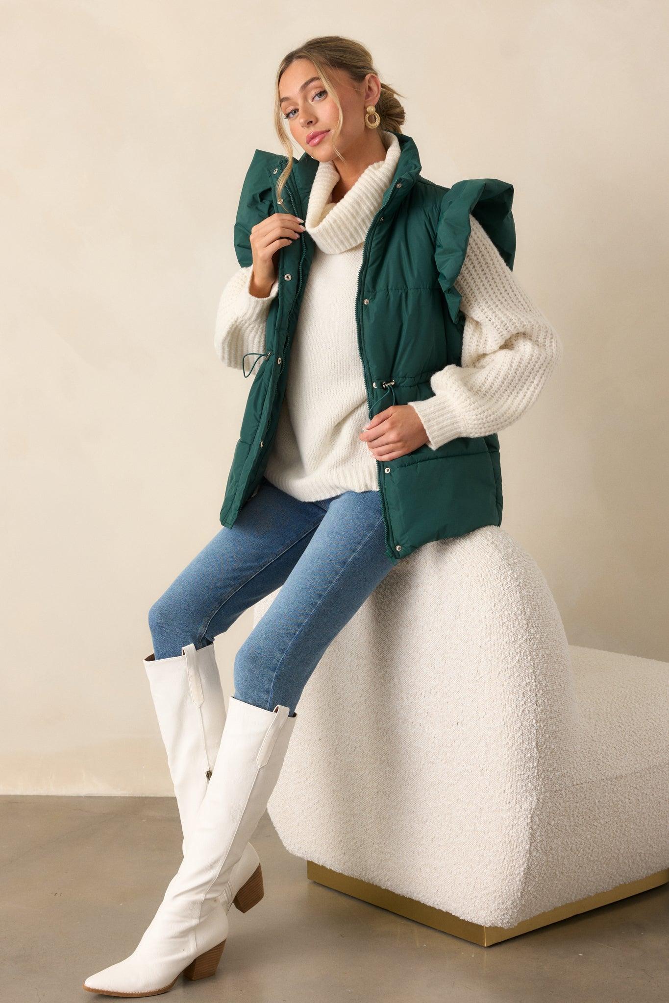 Cherry On Top Forest Green Flutter Sleeve Puffer Vest Product Image