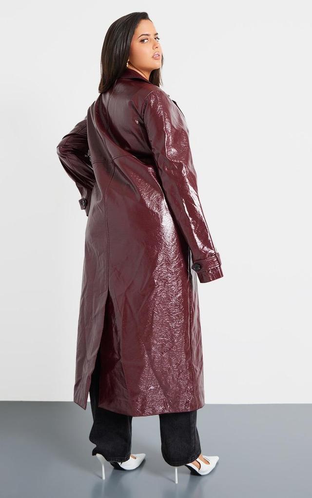 Plus Wine High Shine Textured Faux Leather Maxi Coat Product Image