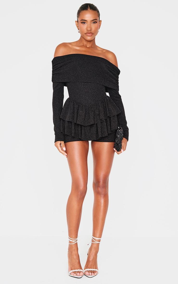 Black Glitter Bardot Long Sleeve Rara Romper product image