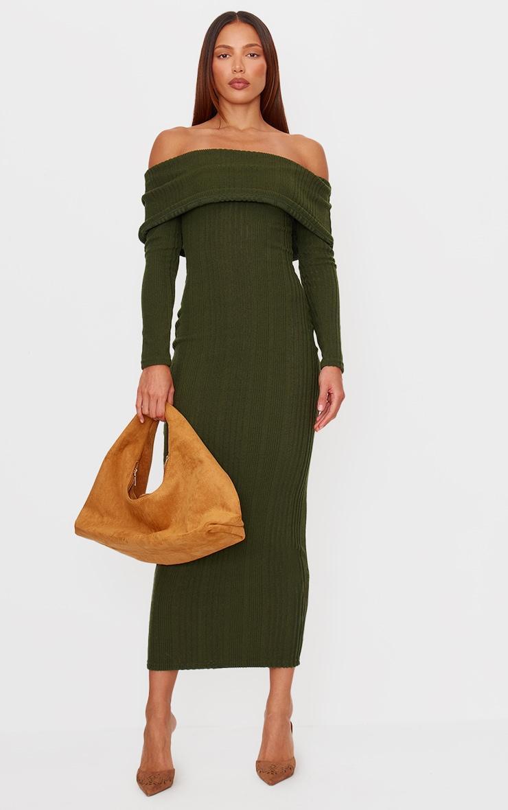 Green Brushed Rib Bardot Maxi Dress product image