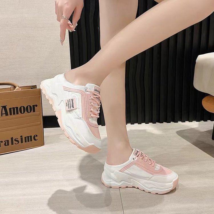 Platform Two Tone Lace-Up Faux Leather Mule Sneakers Product Image