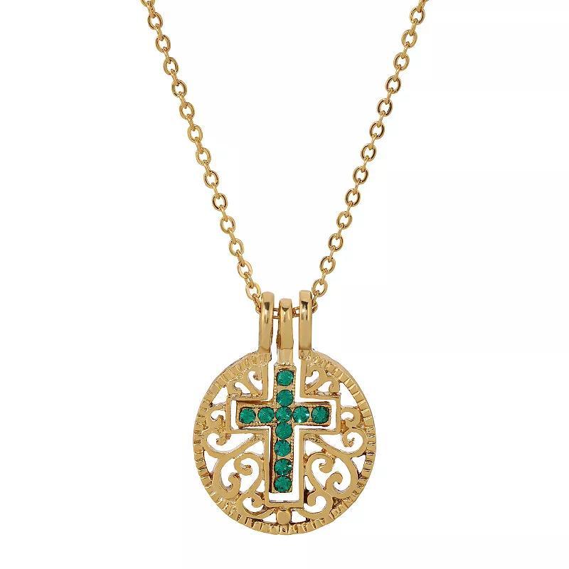 1928 Gold Tone Birthstone Crystal Cross Pendant Necklace, Womens, Green Product Image