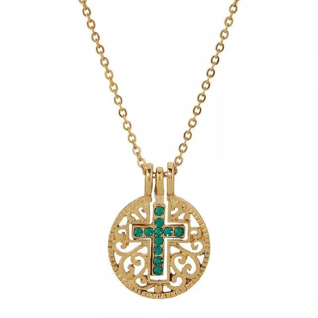 1928 Gold Tone Birthstone Crystal Cross Pendant Necklace, Womens, Green Product Image