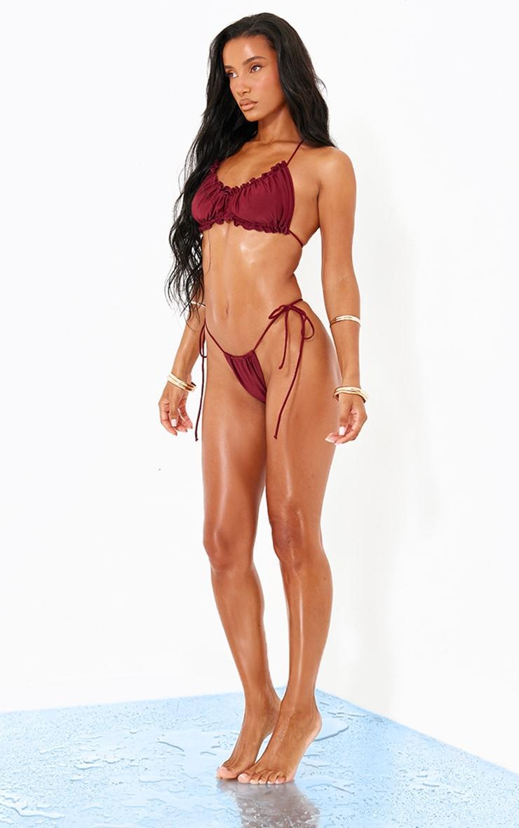 Burgundy Ruched Frill Bikini Top Product Image