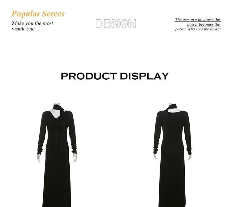 Long-Sleeve Cowl Neck Plain Maxi A-Line Dress Product Image