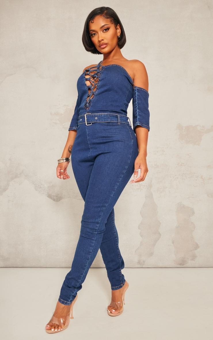 Shape Mid Blue Wash Lace Up Bardot Stretch Denim Jumpsuit Product Image