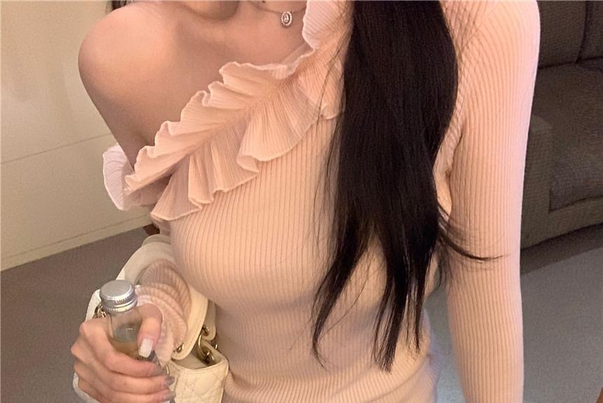 Long-Sleeve One-Shoulder Plain Ruffle Ribbed Knit Top Product Image