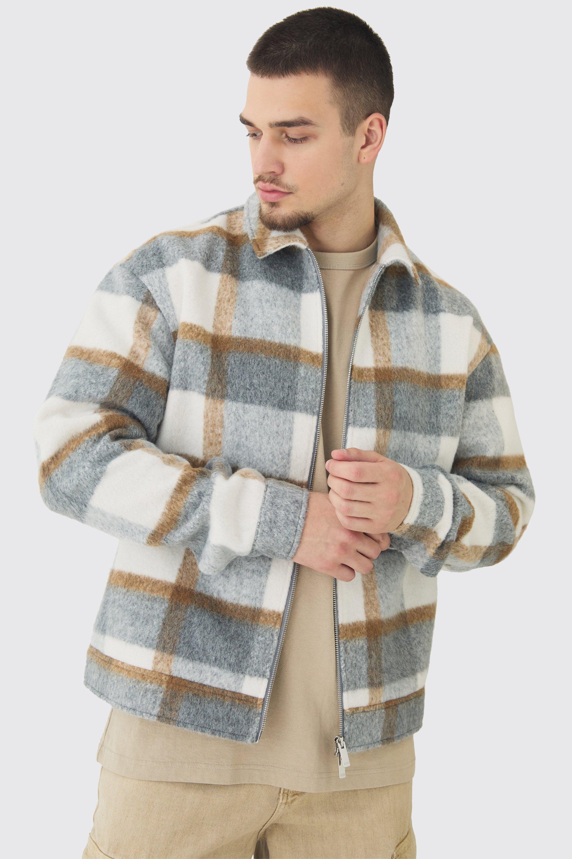 Tall Brushed Check Boxy Zip Up Shirt Jacket | boohooMAN USA Product Image