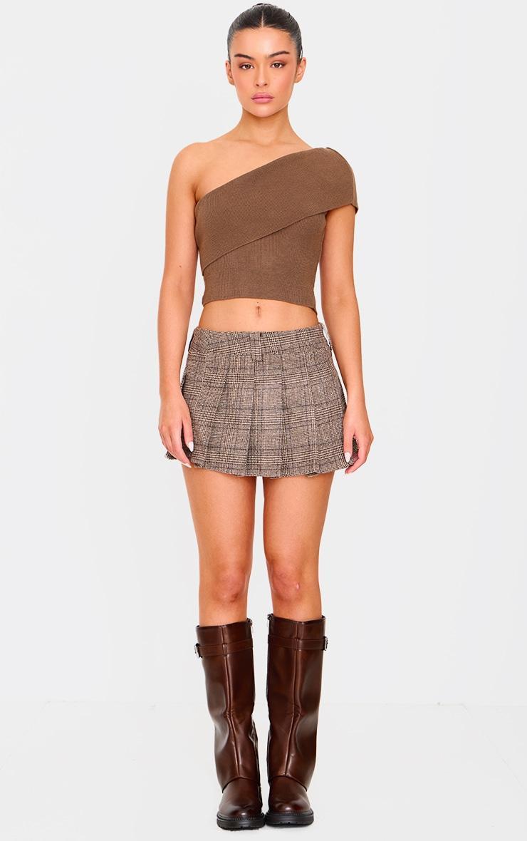 Deep Taupe Soft Rib Knit One Shoulder Fold Over Crop Top Product Image