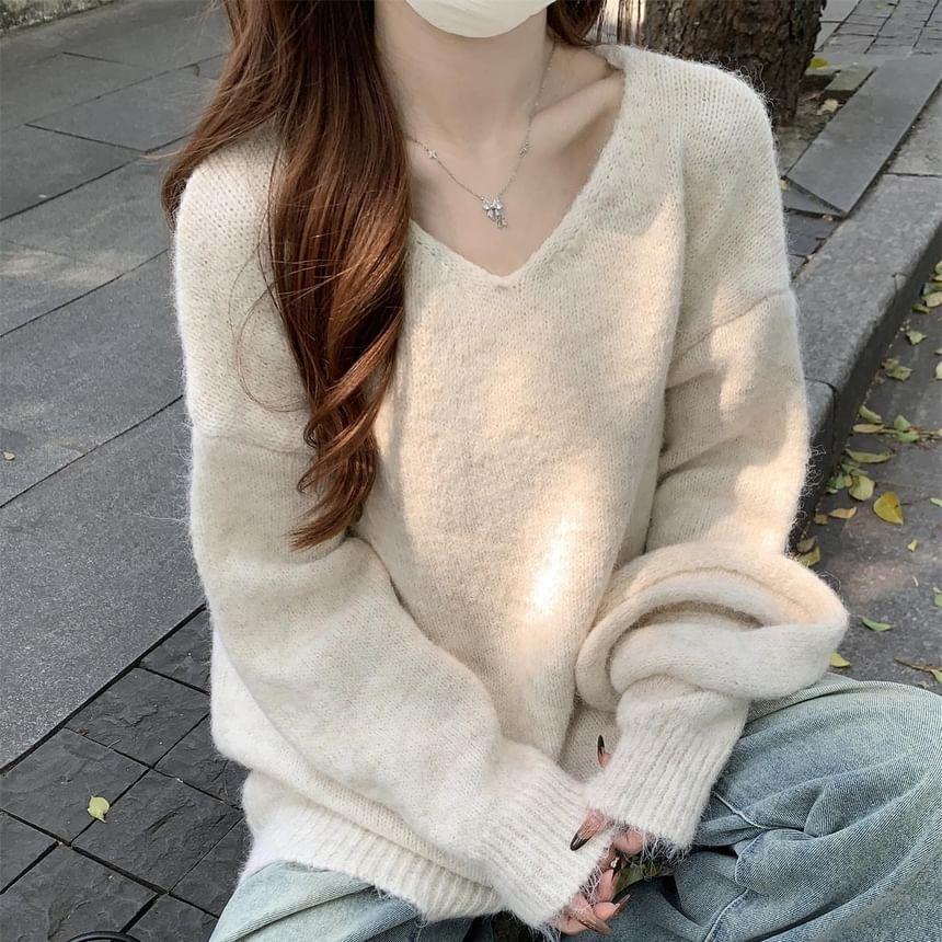 V-Neck Plain Sweater Product Image