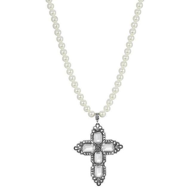 1928 Silver Tone Rectangle Crystal Cross Simulated Pearl Necklace, Womens, Grey Product Image