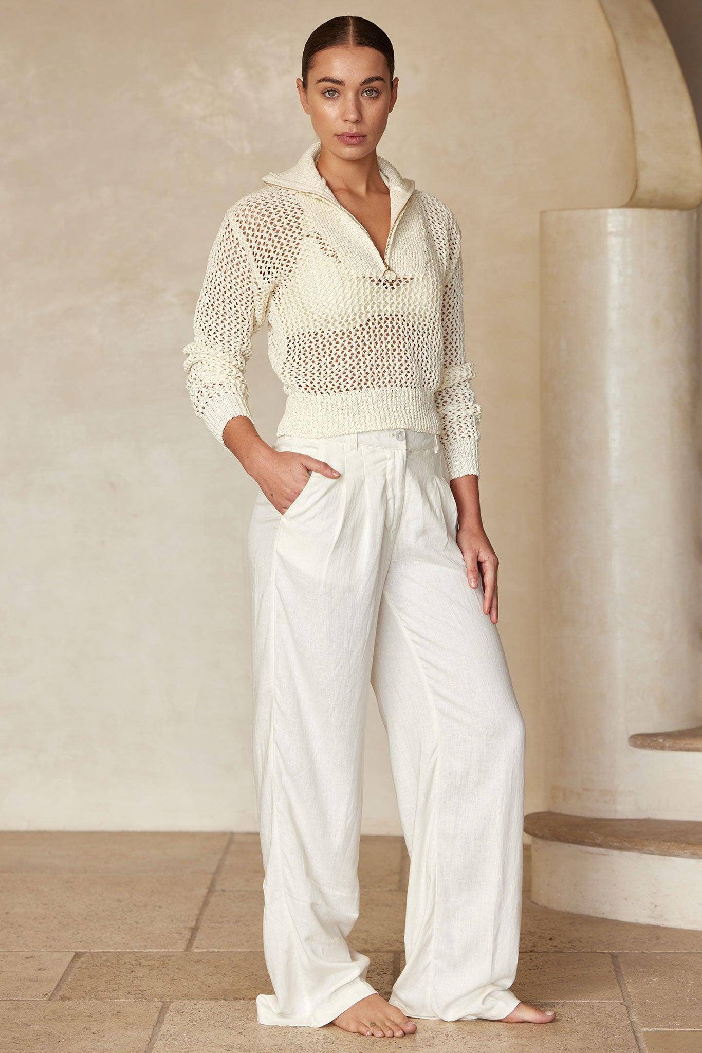 Lisbon Quarter Zip Sweater - Ivory Petit Crochet Product Image