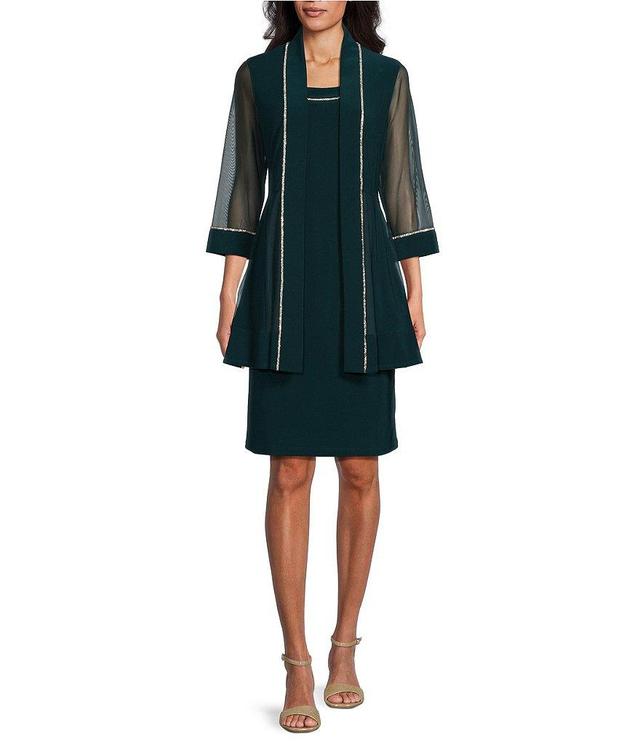 R & M Richards Scoop Neck 3/4 Sleeve Rhinestone Trim 2-Piece Jacket Dress Set Product Image