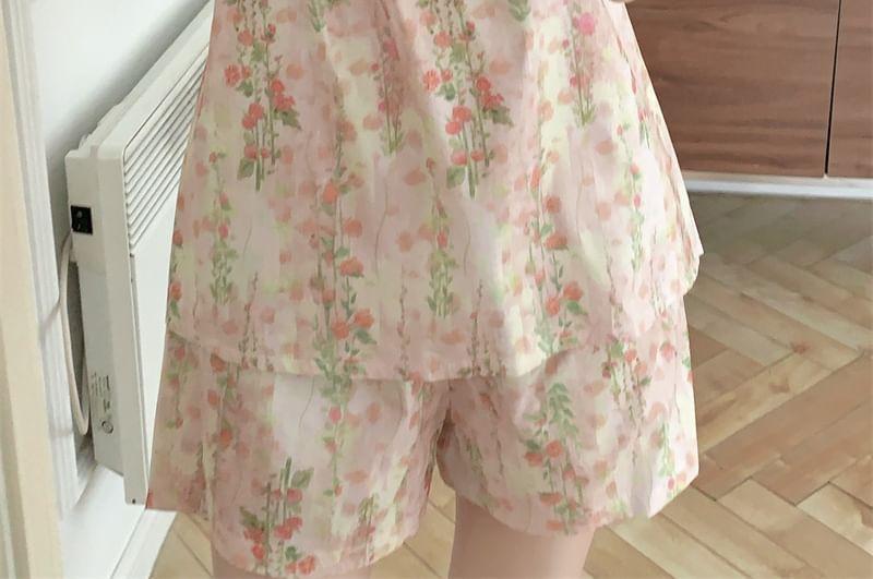 Spaghetti Strap Square Neck Floral Print Bow Accent Midi Pajama Dress / Camisole Top / Shorts / Set Product Image