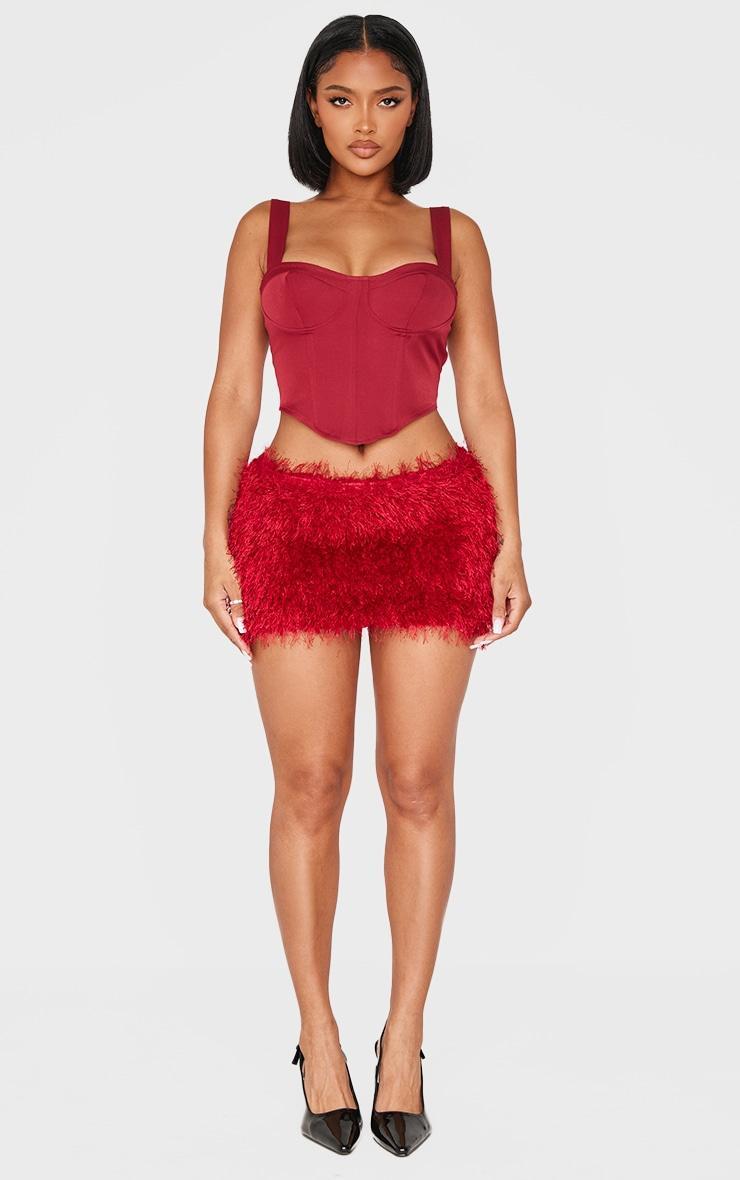 Shape Burgundy Low Rise Faux Feather Tassel Mini Skirt Product Image