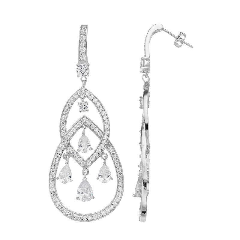 Sterling Silver Cubic Zirconia Double Teardrop Chandelier Earrings, Womens, White Product Image