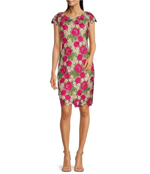 Xscape Floral Embroidered Boat Neck Short Sleeve Sheath Dress Product Image