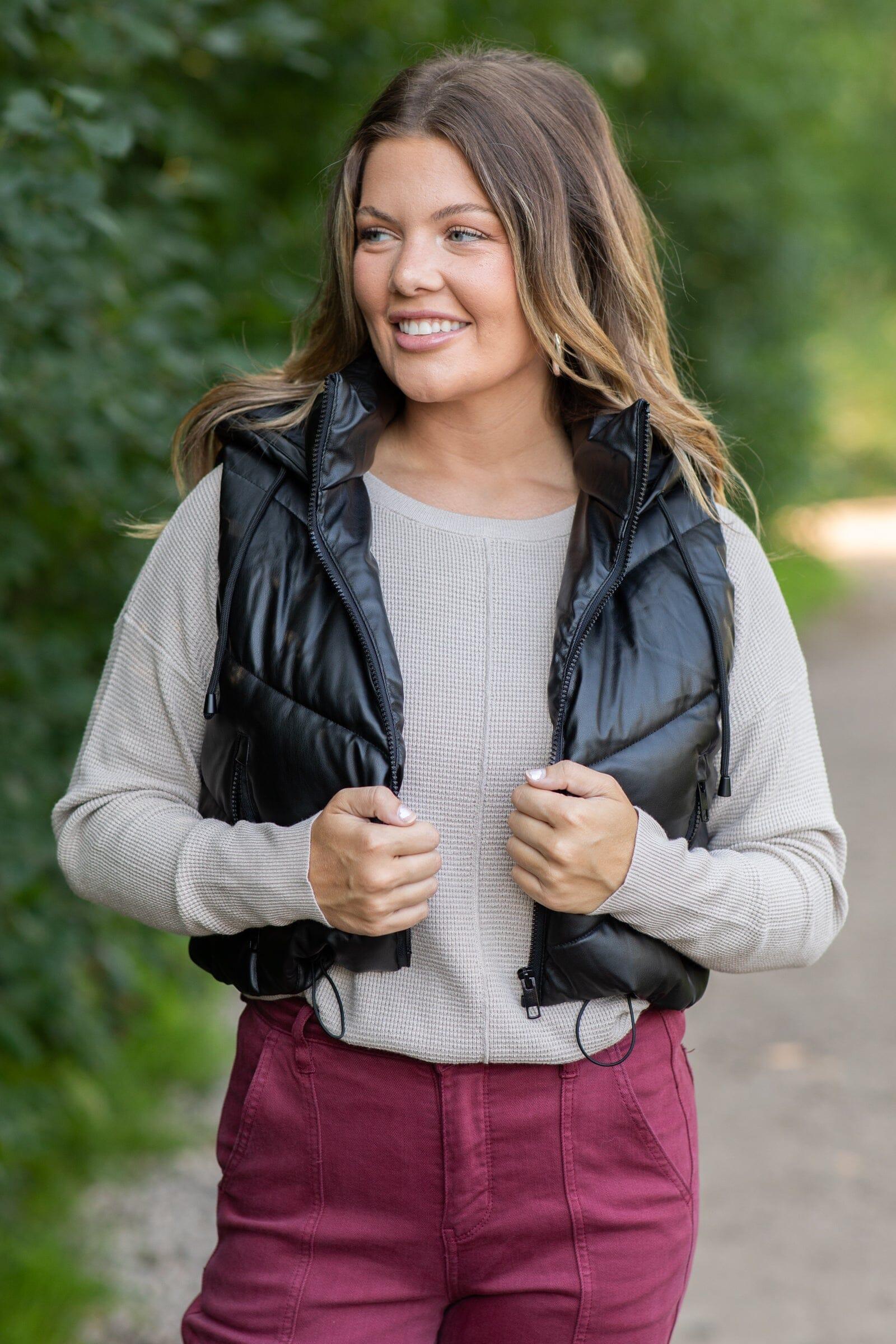 Black Hooded Channel Quilted Puffer Vest Product Image