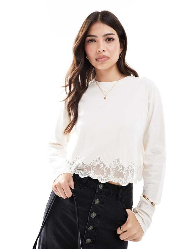 Miss Selfridge long sleeve lace hem detail top in cream Product Image