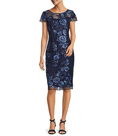 Alex Evenings Embroidered Cap Sleeve Crew Neck Sheath Dress -  12 Product Image