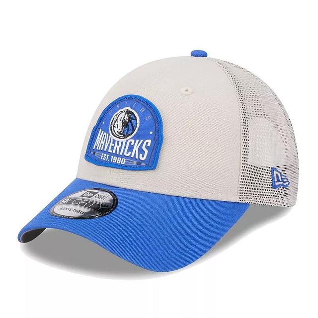 Mens New Era Khaki/Blue Dallas Mavericks Throwback Patch Trucker 9FORTY Adjustable Hat Product Image